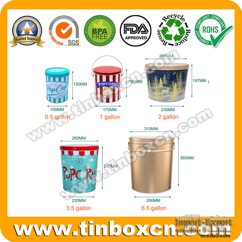 1/2/3.5/6.5 Gallon Popcorn Tin Can Buckets With Custom Printing For Sale