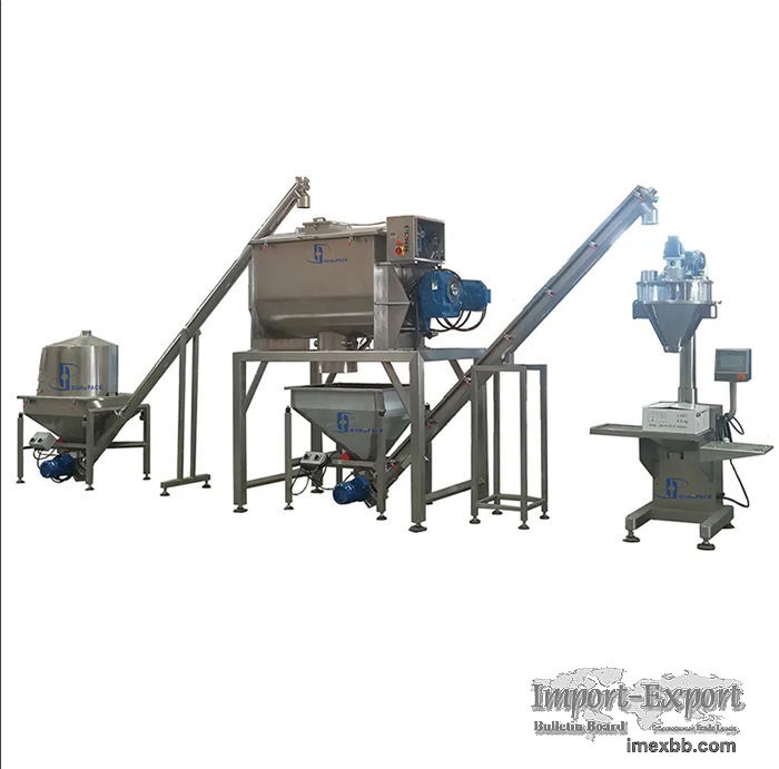 Powder mixing and packing machine line