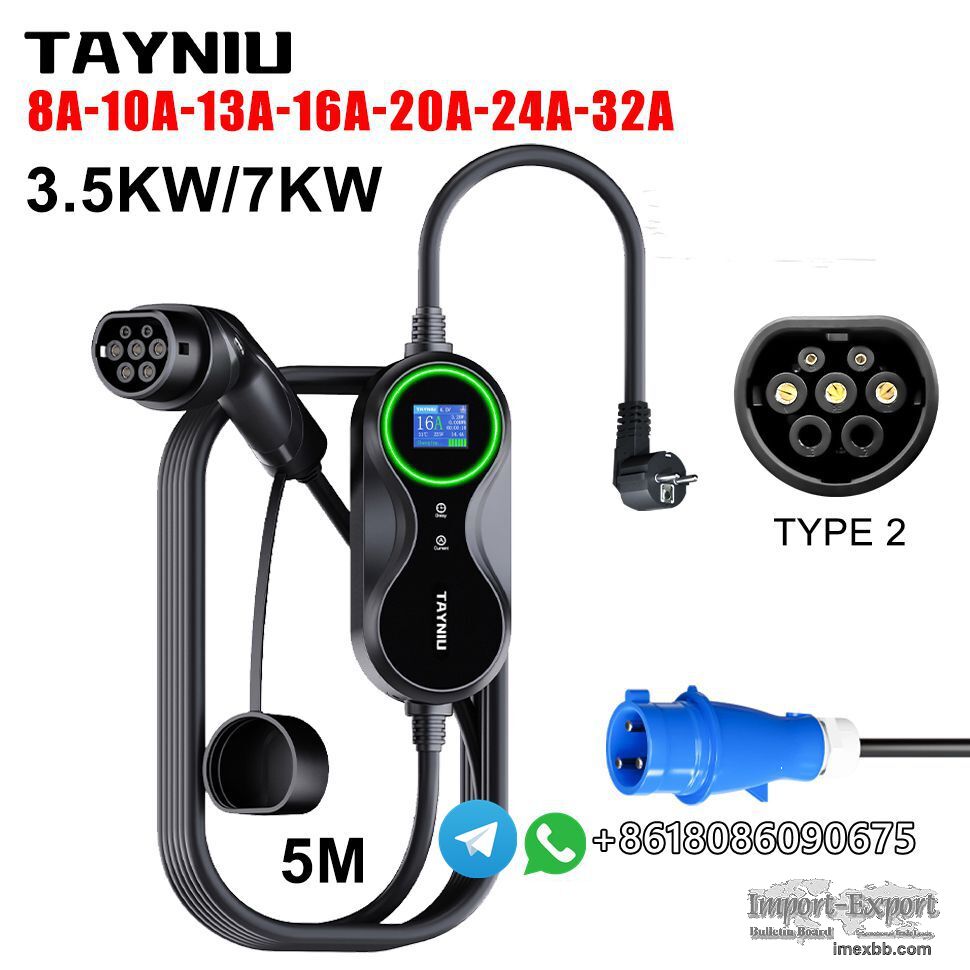 Mobile EV Charging Cable 3.5KW AC 8-16A Schuko EU Plug - Type 2  Adjustabl